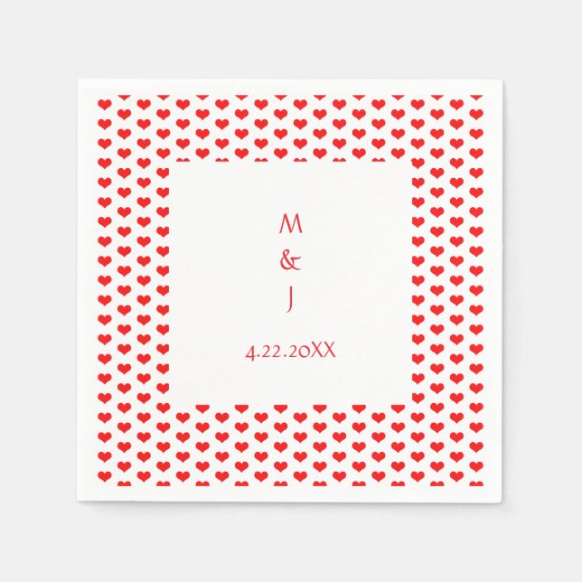Monogram Red Hearts Couple Name Romantic Wedding  Napkin (Front)