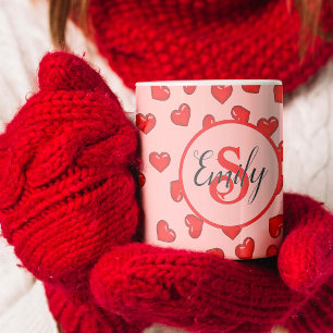 Monogram Red Hearts Romantic Gift Pink Coffee Mug