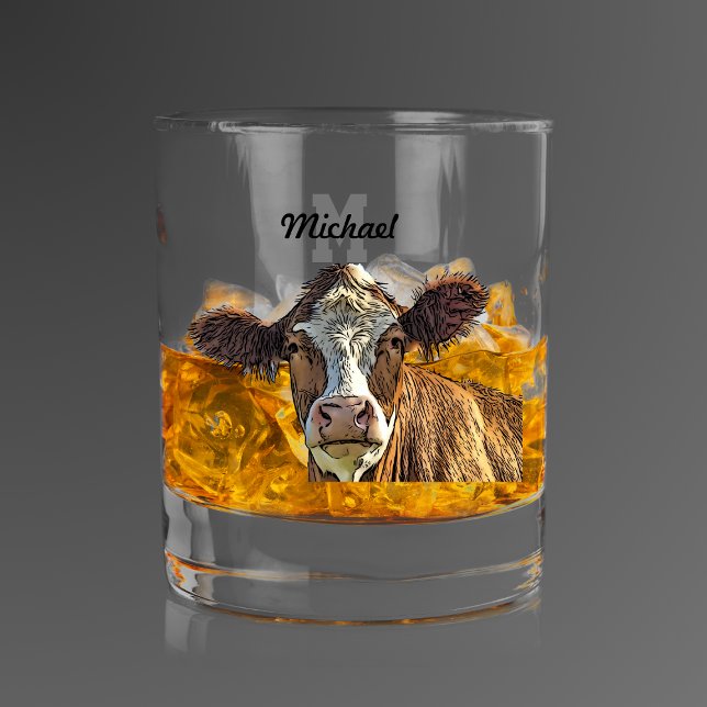Monogram Red Holstein Cow Dairy Farm Livestock  Whiskey Glass (Gifts for Cattle Ranch Farmers a Monogram Whiskey Glass)