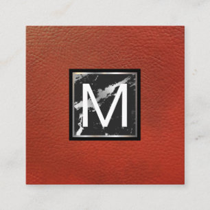 Monogram   Red Leather   Marble Metal Trim Square Business Card