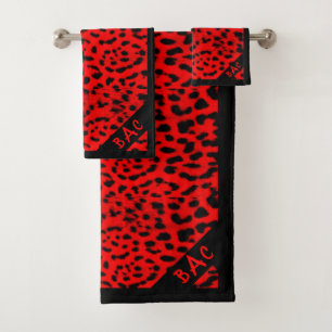Monogram Red Leopard Print Bath Towel Set