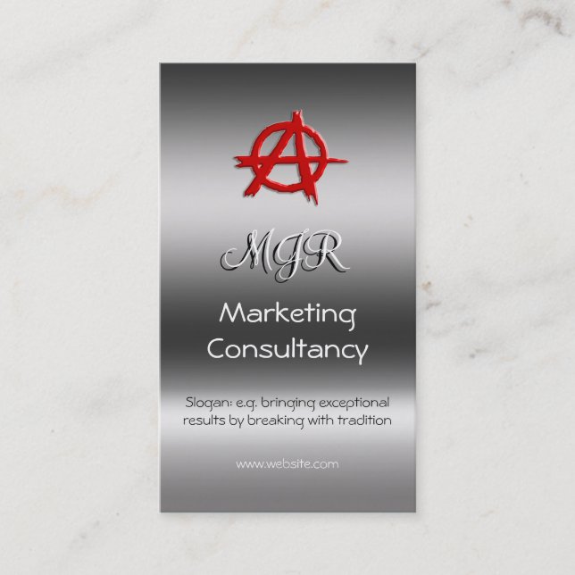 Monogram, Red Marketing Anarchy Sign, metal-look Business Card (Front)