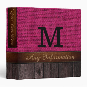 Monogram Red Maroon Burlap Rustic Jute Look Wood Binder