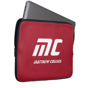 Monogram Red Minimalist Name White Text Custom Laptop Sleeve