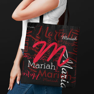 monogram & red names on black tote bag