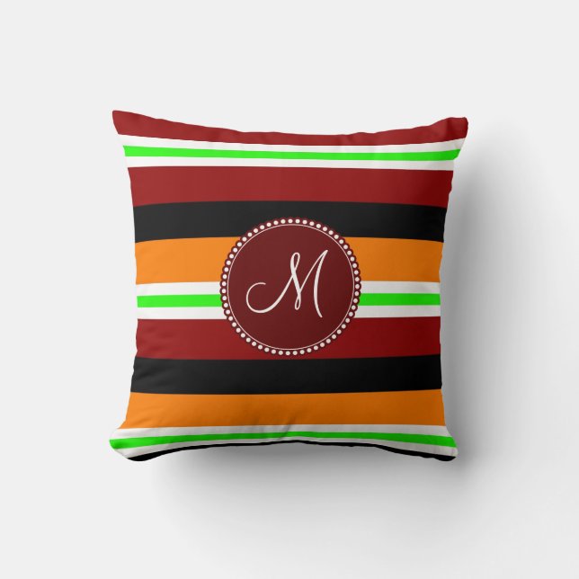 Monogram Red Orange Green Black Striped Pattern Throw Pillow (Front)