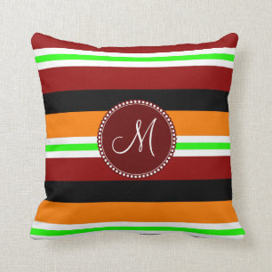 Monogram Red Orange Green Black Striped Pattern Throw Pillow