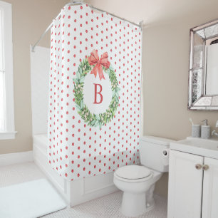 Monogram Red Polka Dot Christmas Wreath Shower Cur