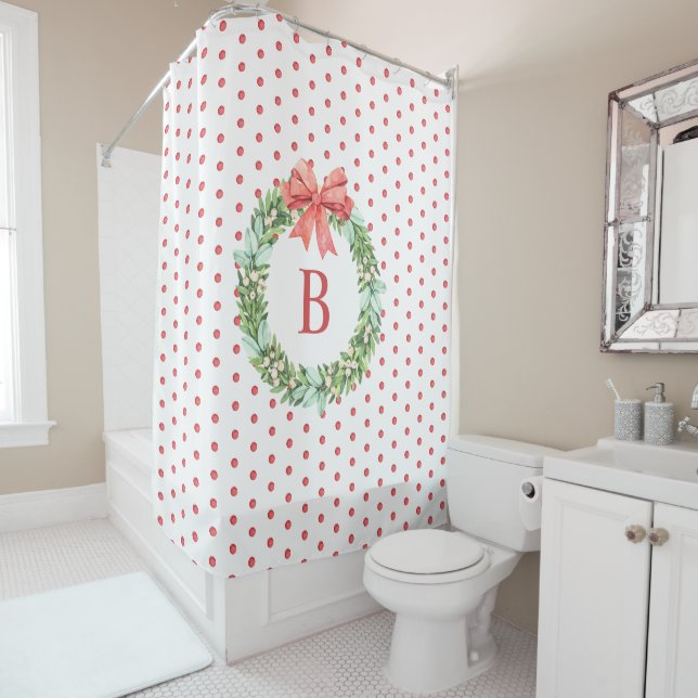 Monogram Red Polka Dot Christmas Wreath Shower Cur (In Situ)