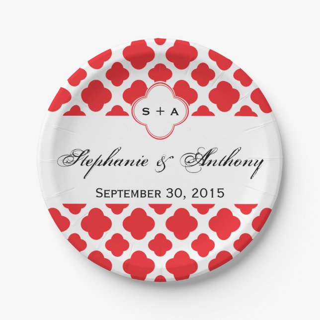 Monogram Red Quatrefoil Pattern Wedding Paper Plate (Front)