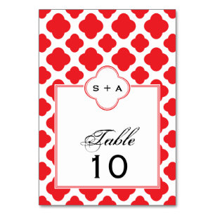 Monogram Red Quatrefoil Pattern Wedding Table Number