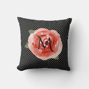 Monogram Red Rose Black White Polka Dots Throw Pillow