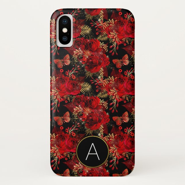 Monogram Red Roses and Butterfly Pattern Case-Mate iPhone Case (Back)