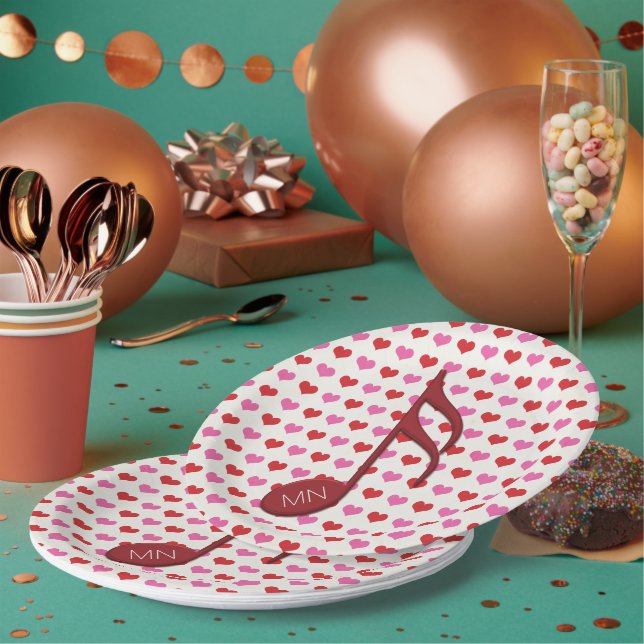 Monogram Red Semi Quaver Love Hearts Music Paper Plate (Multi)