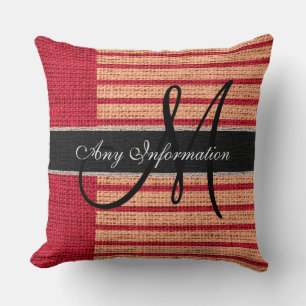 Monogram Red Stripes Burlap Rustic Jute Throw Pillow
