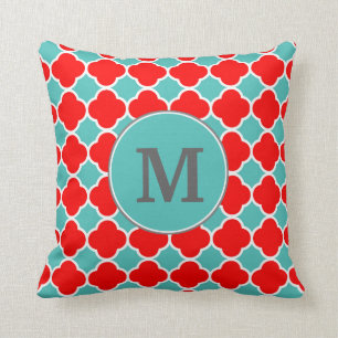 Monogram Red Teal Quatrefoil Pattern Throw Pillow