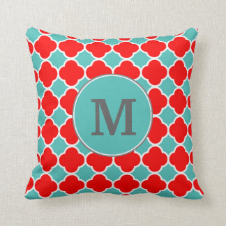 Monogram Red Teal Quatrefoil Pattern Throw Pillow