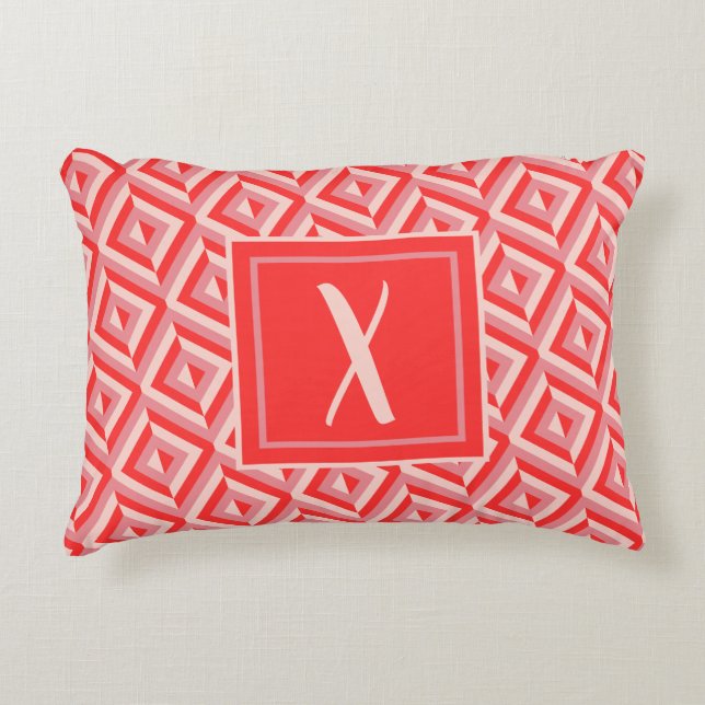 Monogram Red Three-Tone Diamond Pattern Accent Pillow (Front)