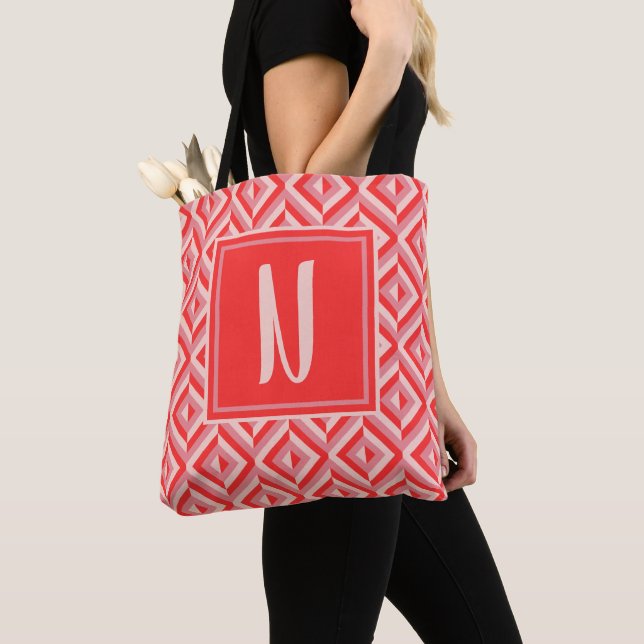 Monogram Red Three-Tone Diamond Pattern Tote Bag (Close Up)