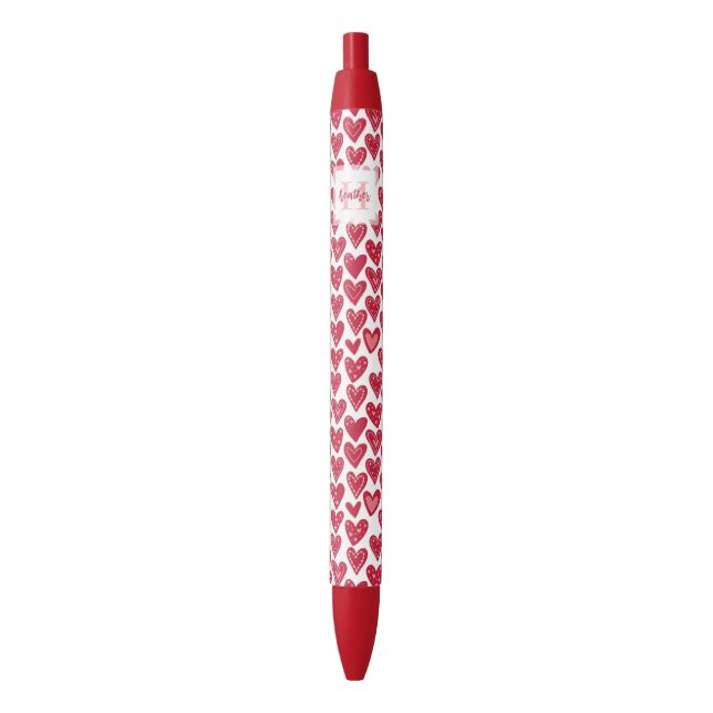 Monogram Red Valentine Heart Pattern Black Ink Pen (Front Vertical)