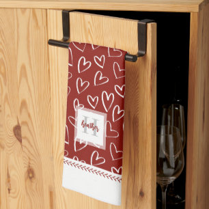 Monogram Red Valentine Heart Pattern Kitchen Towel