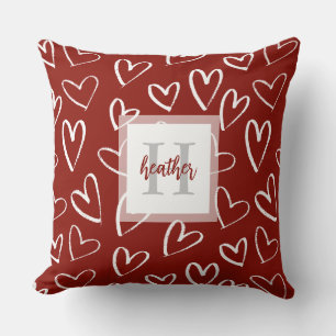Monogram Red Valentine Heart Pattern Throw Pillow