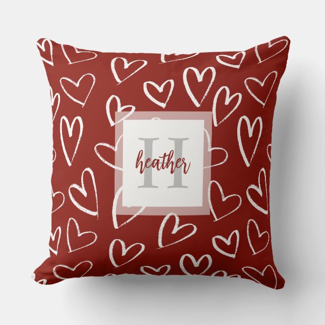 Monogram Red Valentine Heart Pattern Throw Pillow (Front)