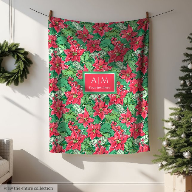 Monogram red watercolor preppy Christmas fleece Blanket (Monogram red watercolor preppy Christmas fleece wrap)