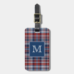 Monogram Red White and Blue Plaid Luggage Tag