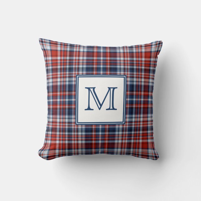 Monogram Red White and Blue Plaid Throw Pillow (Front)