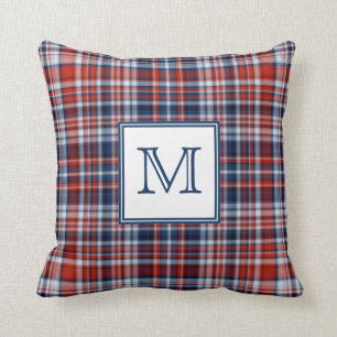Monogram Red White and Blue Plaid Throw Pillow