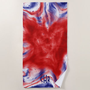 Monogram Red, White and Blue Tie-Dye Watercolor Beach Towel
