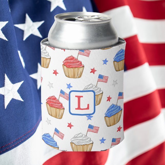 Monogram Red White Blue Cupcake Flag Star Preppy Can Cooler (Creator Uploaded)