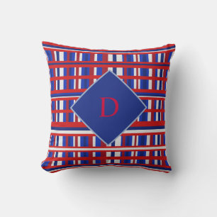 Monogram Red, White Blue Plaid Patriot Throw Pillow
