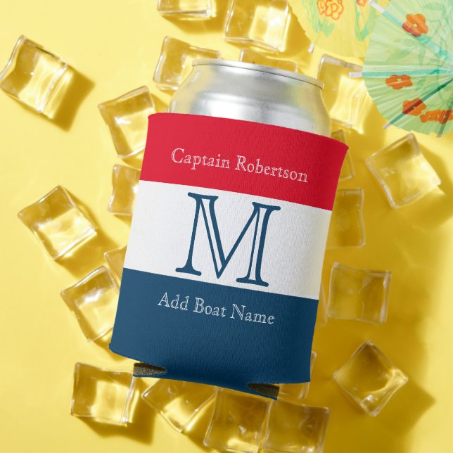 MONOGRAM Red White Blue stripe Solid Colour   Can Cooler (In Situ Summer)