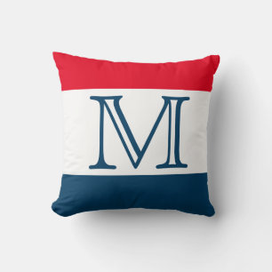 MONOGRAM Red White Blue stripe Solid Colour  Throw Pillow