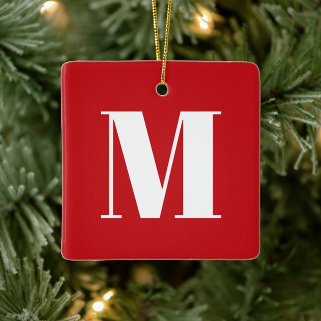 Monogram red white custom initial Christmas Ceramic Ornament (Tree)