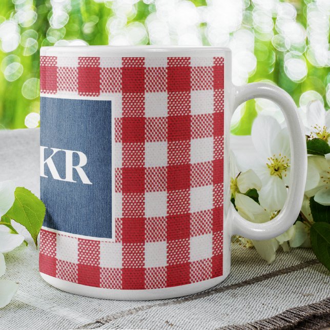 Monogram, Red White Gingham Check Blue Denim 11oz Coffee Mug (Creator Uploaded)