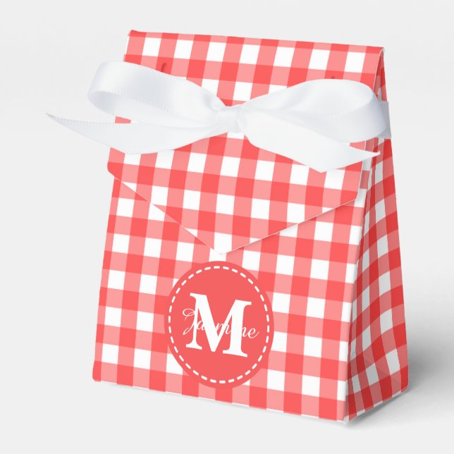Monogram Red White Gingham Check Pattern Favor Box (Front Side)