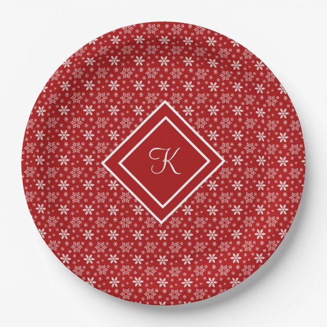 Monogram Red White Snowflake Christmas Holiday Paper Plate (Front)
