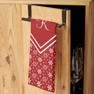 Monogram Red White Snowflake Winter Holiday Kitchen Towel