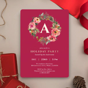 Monogram Red Wreath Botanical Christmas Party Gold Foil Holiday Card