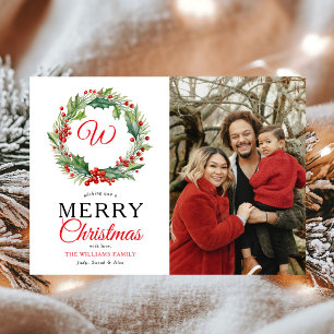 Monogram Red Wreath Merry Christmas Photo Holiday Card