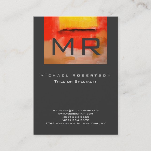Monogram Red Yellow Grey Abstract Business Card (Front)