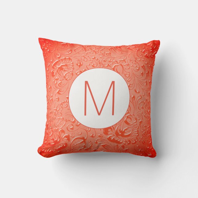 Monogram Reddish Colour Embossed Floral Throw Pillow (Front)
