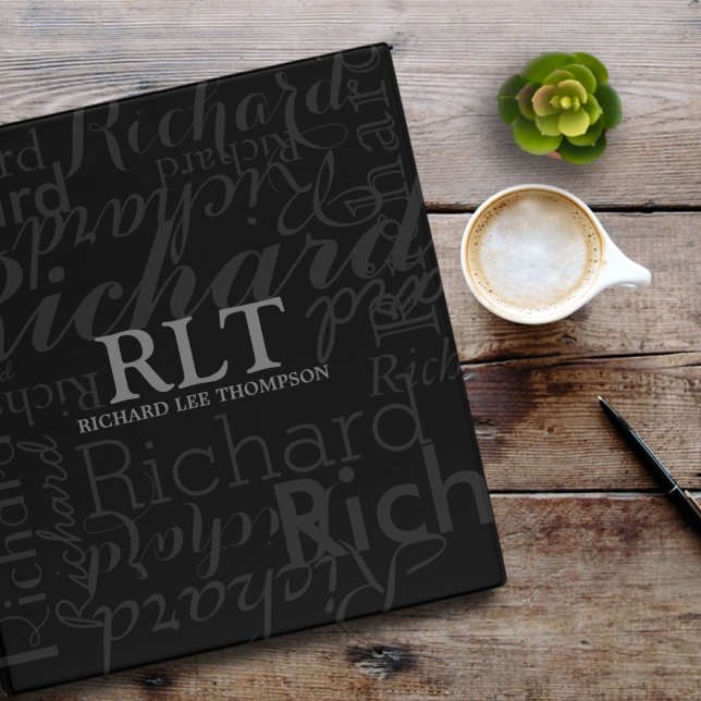 Monogram Repeated Grey Name Black Elegant Binder (Creator Uploaded)