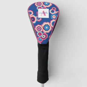 Monogram Retro 60's Blue Pink Flower Power Pattern Golf Head Cover