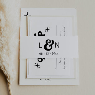 Monogram Retro 70's Black And White Belly Band Invitation Belly Band
