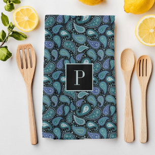 Monogram Retro Blue Paisley Pattern Kitchen Towel