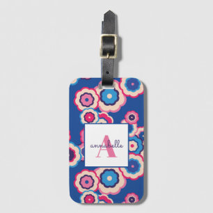 Monogram Retro Blue Pink Flower Power Personalized Luggage Tag